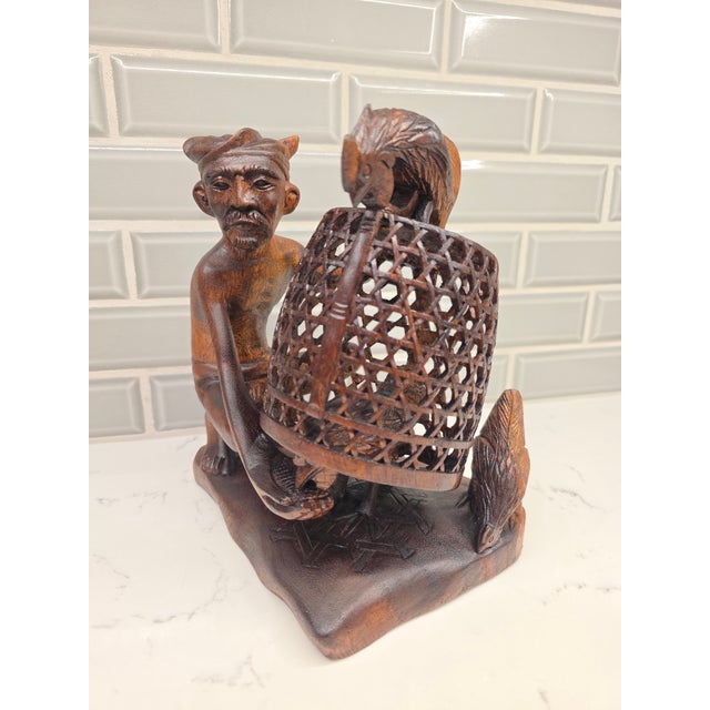 Realism Large 8.5" Mid-Century Balinese Teak Cockfighter With Tripple-Rooster Openwork Cage Masterwork For Sale - Image 3 of 12
