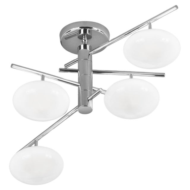 Modern Italian flush mount or chandelier with four white glass shades mounted on chrome finish metal frame / Made in Italy...