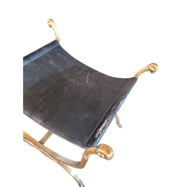 1960s Maison Jansen-Style Brass and Leather Stool With Ram's Head Decoration For Sale - Image 11 of 12