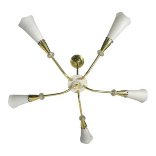 Vintage French 5 arms brass and glass chandelier by royal lumieres For Sale