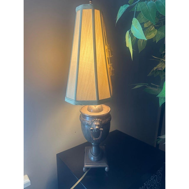 Vintage John Richard Neoclassical Lion Head Urn Lamp With Tassel Shade For Sale - Image 11 of 13