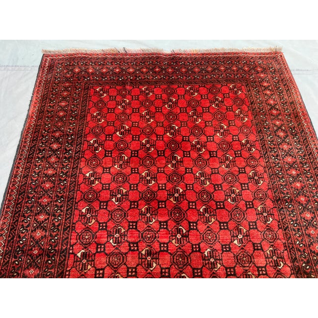 1970s Vintage Turkoman Bashiri Hand-Knotted Wool Rug – Deep Red Geometric Pattern Rug For Sale - Image 5 of 11