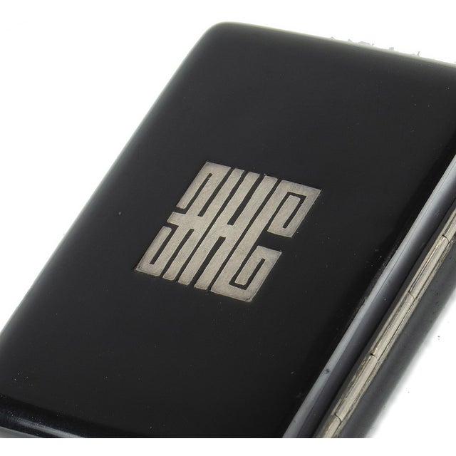 Early 20th Century Art Déco Metal and Black Enamel Compact Vanity Case With Mirror and Lipstick Holder, France For Sale - Image 6 of 9