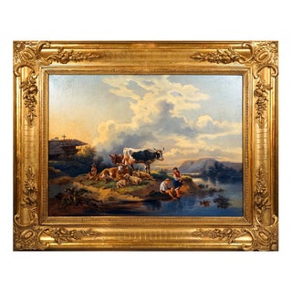 Edmund Mahlknecht, Break At The Mountain Lake, Austria, Mid-19th Century, Oil Painting, Framed For Sale