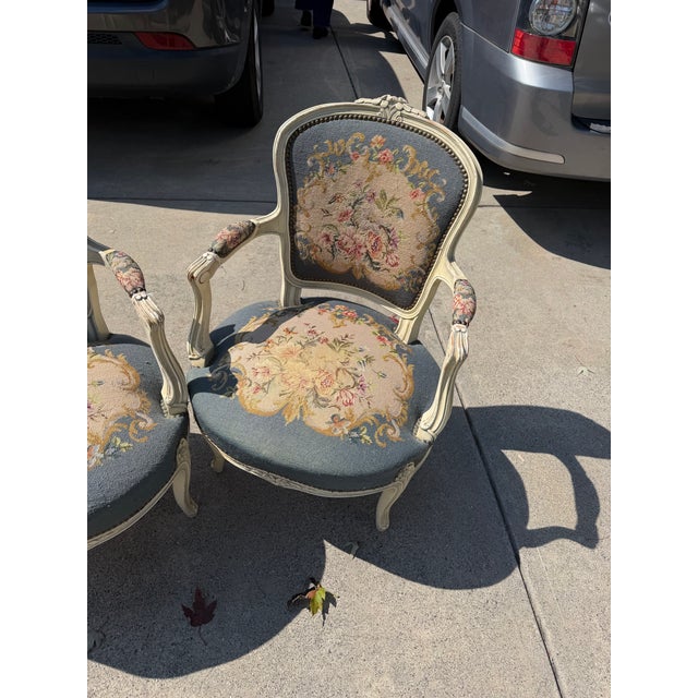 Antique French Louis XV Style Needlepoint Arm Chairs Pastoral Scene Tap Pair For Sale - Image 4 of 10