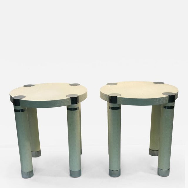 Karl Springer Faux Cream Crocodile and Chrome Tablestables - a Pair For Sale - Image 13 of 13