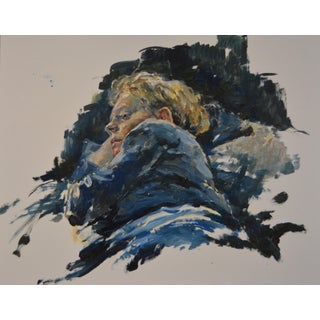 Rasmus by Jaclyn Alderete | Oil on board Portrait of a person lying on a bed. For Sale