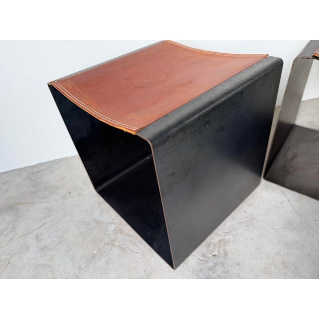 Contemporary Vintage Postmodern Steel & Saddle Leather Cube Ottomans – A Pair/ Sold For Sale - Image 3 of 12