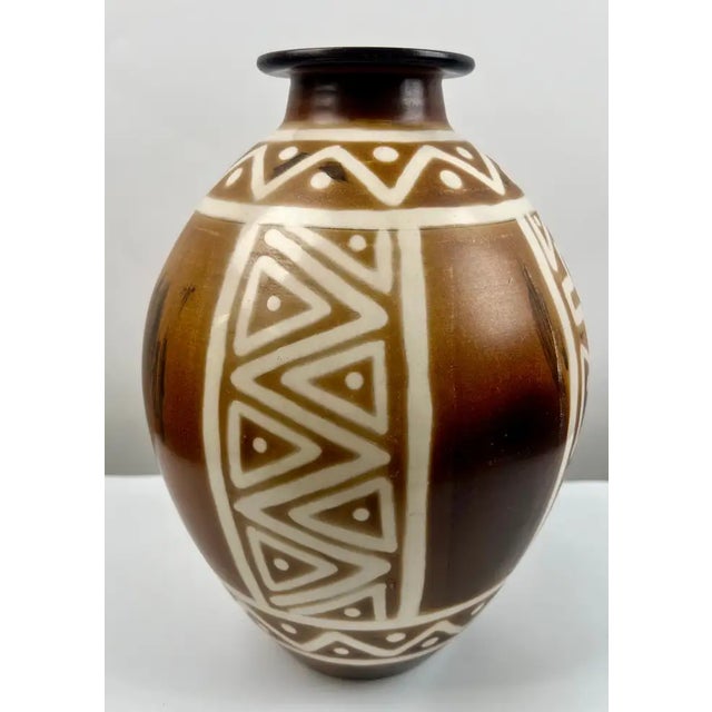 Studio Pottery Brown & Off White Vase W Tribal-Inspired Geometric Motifs Signed For Sale - Image 10 of 13