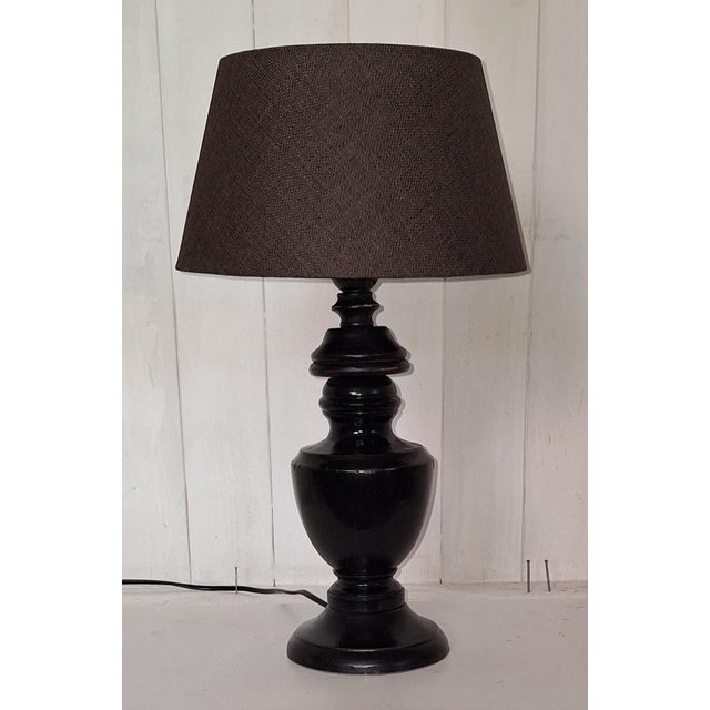 Vintage Table Lamp with Brown Chestnut Wood Base and Brown Fabric Shade, 1990s, in Very Good conditions. Designed 1990 to...