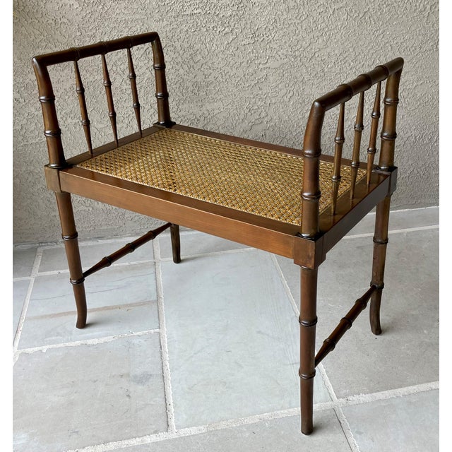 1970s Baker Furniture Circa 1970 Diminutive Chinese Chippendale Faux Bamboo & Cane Window / Entryway Bench For Sale - Image 5 of 12