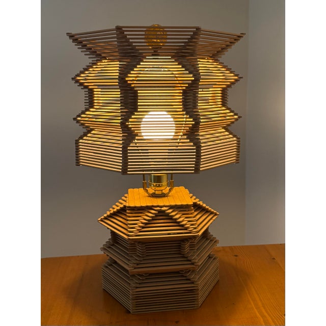 Tan Midcentury Folk Art Popsicle Stick Lamp - Rewired For Sale - Image 8 of 11