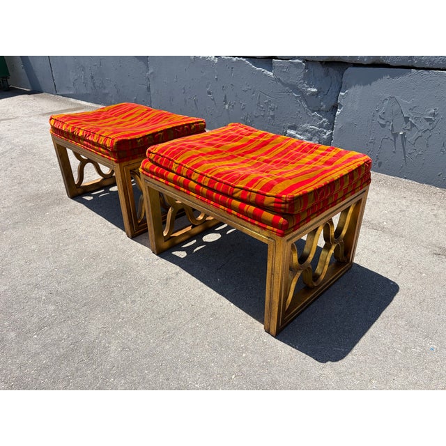 Pair of unique Drexel Ottomans. Wood frames with gold finish and fabric seats. Original condition, sold as is. Can be used...