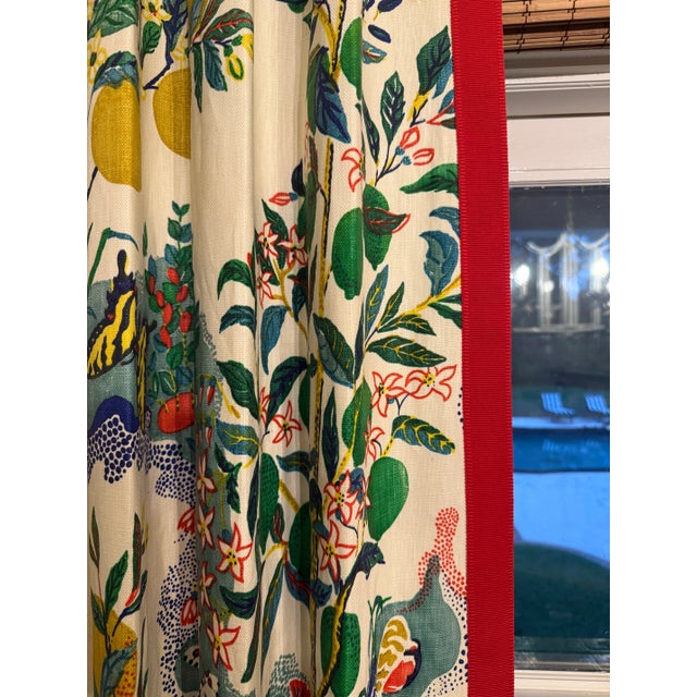 Pair of Schumacher Citrus Garden Window Panels in Color Primary. Custom Trim Added to Inside Portion of the Panel For Sale - Image 6 of 10