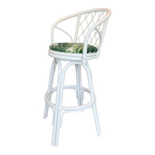 Mid 20th Century Set of Three Coastal White Rattan Swivel Counter Stools Banana Leaves Upholstery For Sale - Image 5 of 6