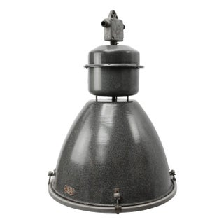 Large Vintage Industrial Gray Enamel and Glass Pendant Lamp For Sale