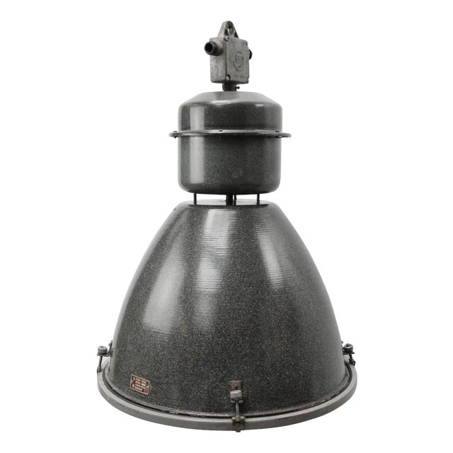 Large Vintage Industrial Gray Enamel and Glass Pendant Lamp For Sale