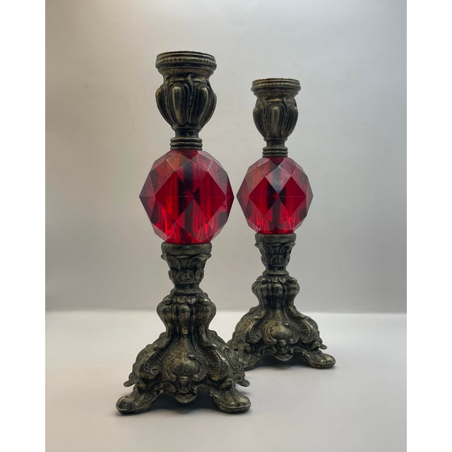 Mid 20th Century Red Faceted Baroque Inspired Candlesticks-a Pair For Sale - Image 9 of 9