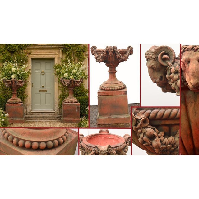 English Country Terracotta Garden Urns with Rams Heads, Set of 2 For Sale - Image 13 of 13