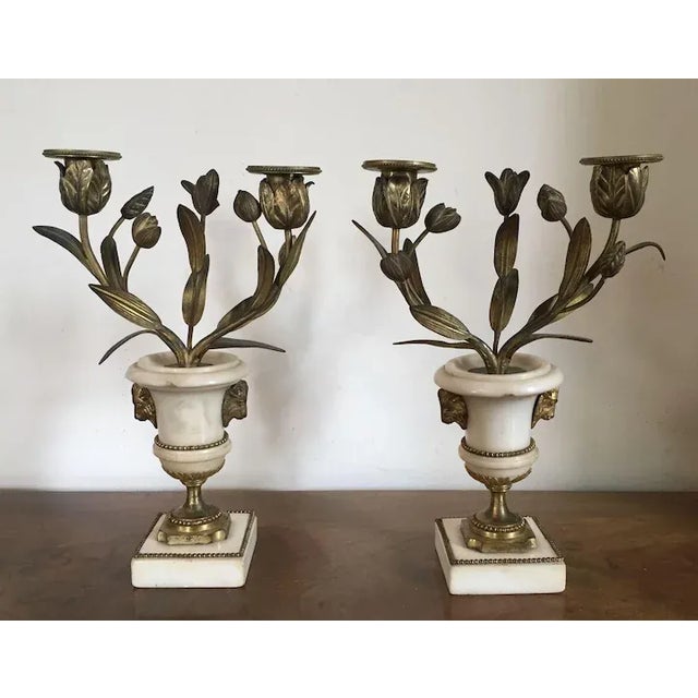 18th Century French Louis XVI Fire Gilt Bronze & White Marble Candelabra - A Pair For Sale - Image 4 of 11
