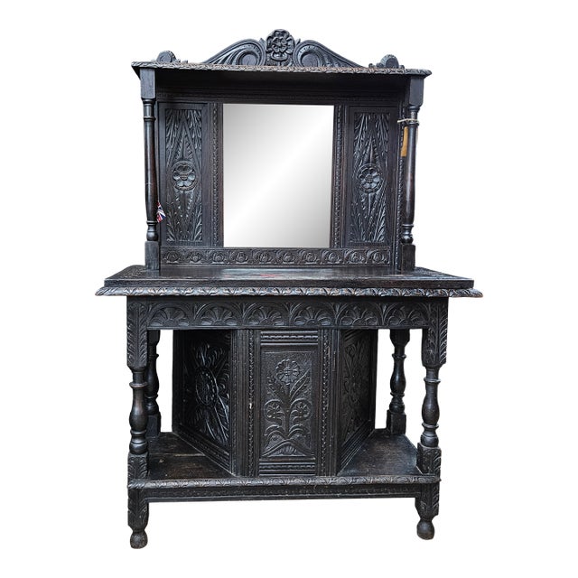 Late 19th Century Carved Oak Victorian Hall Table With Mirror and Column Supports For Sale