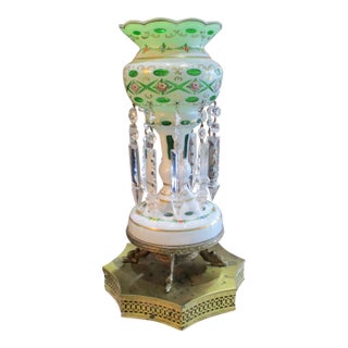 Antique Moser Bohemian Czech Cut to Green Enamel Serpent Feet Luster Lamp W./ 10 Large Prisms For Sale