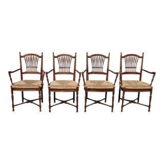 Set of Four Vintage Rustic French Country Rush Seat Wheat Sheaf Arm Chairs For Sale
