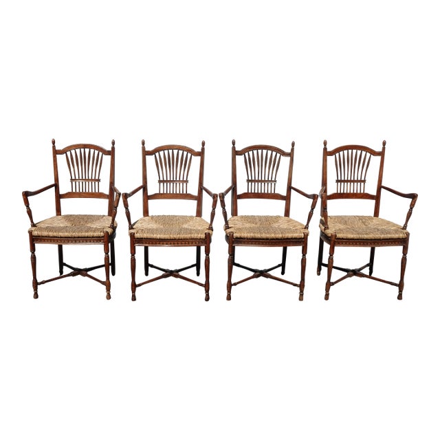 Set of Four Vintage Rustic French Country Rush Seat Wheat Sheaf Arm Chairs For Sale