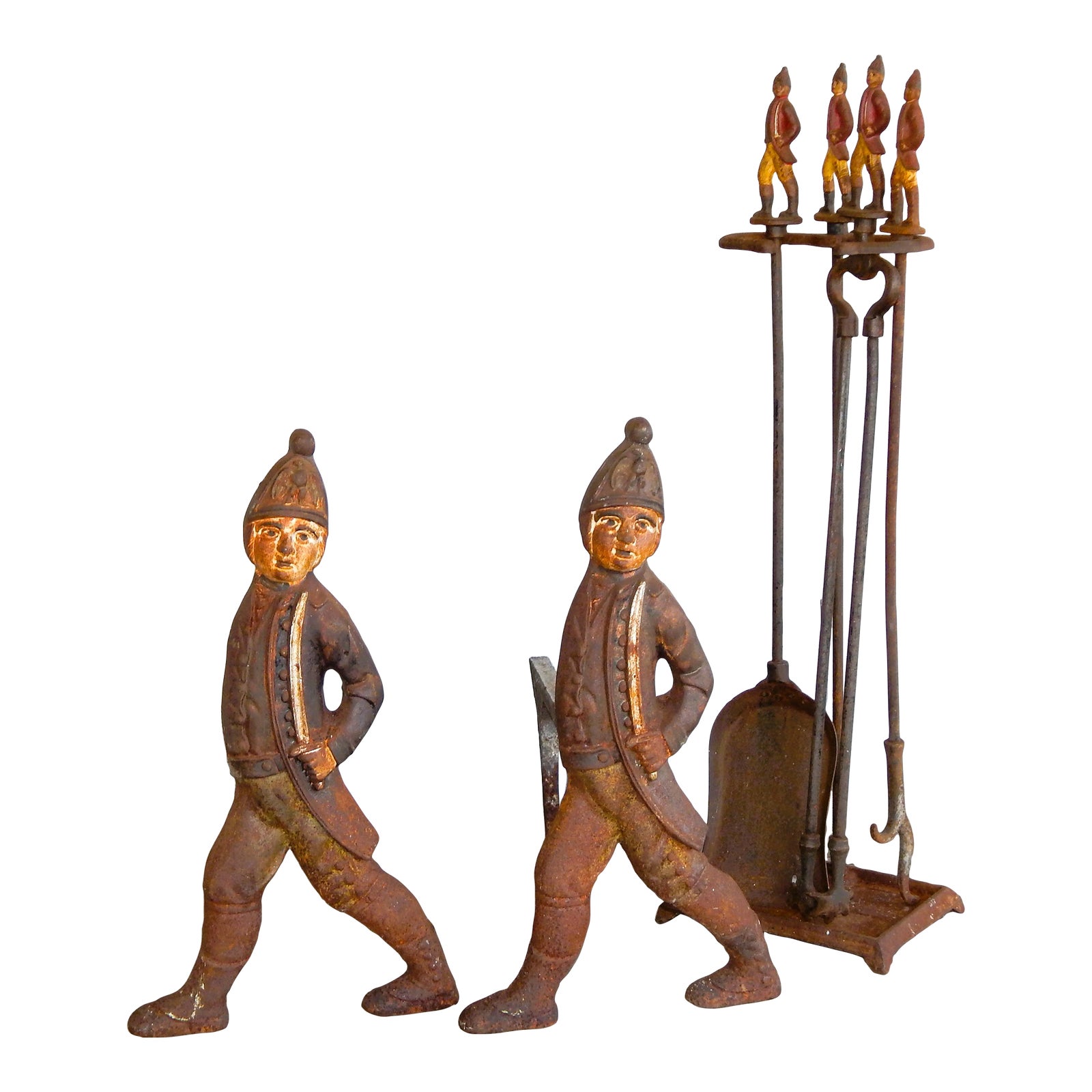 Circa 1940 Hessian Soldier Andirons & Fireplace Tool Set 6 Pieces