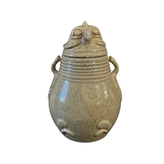 Vintage Chinoiserie Song Style Celadon-Glazed Ceramic Owl-Shaped Jar With a Lid 11.5" H For Sale - Image 4 of 10