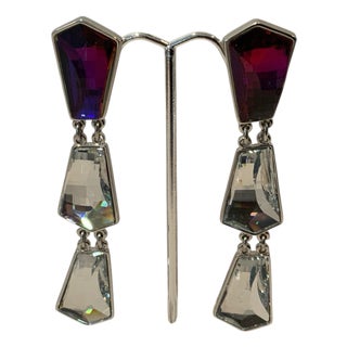 Swarovski Signed 1990's Large Silver and Purple Modern Runway Dangle Clip Earrings, A Pair For Sale