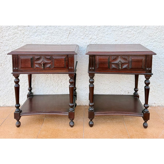 Baroque Spanish Carved Wood Bedside Tables with Lower Shelves, 1940s, Set of 2 For Sale - Image 3 of 11
