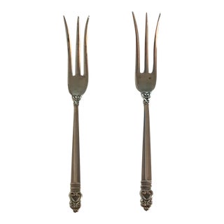 1930s Royal Danish Sterling Silver Acorn Design Pickle & Olive Serving Forks- Set of 2 For Sale