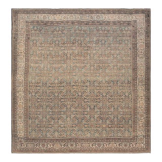 1880s Blue Navy Antique Warn Square Geometric Knotted Wool Persian Malayer Rug For Sale