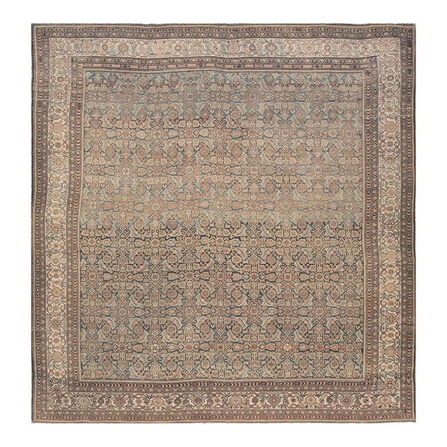 1880s Blue Navy Antique Warn Square Geometric Knotted Wool Persian Malayer Rug For Sale