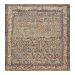 1880s Blue Navy Antique Warn Square Geometric Knotted Wool Persian Malayer Rug