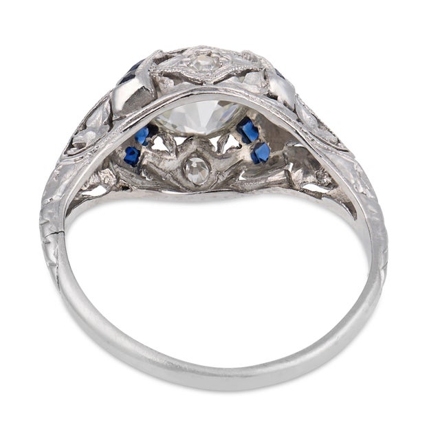 1930s Art Deco Gia 1.36 Carat Diamond Sapphire Platinum Engagement Ring, Size 5.75 For Sale In Los Angeles - Image 6 of 8
