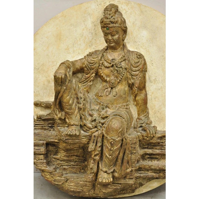 Vintage 43" Fiberglass Kuan Shih Yin Buddha Relief Round Wall Art Sculpture For Sale - Image 4 of 12