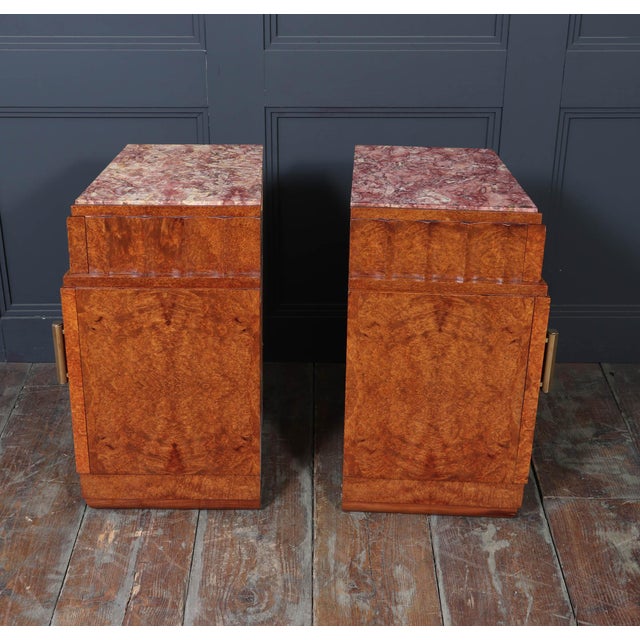 French Art Deco Bedside Tables in Amboyna and Marble, 1930s, Set of 2 For Sale - Image 11 of 15