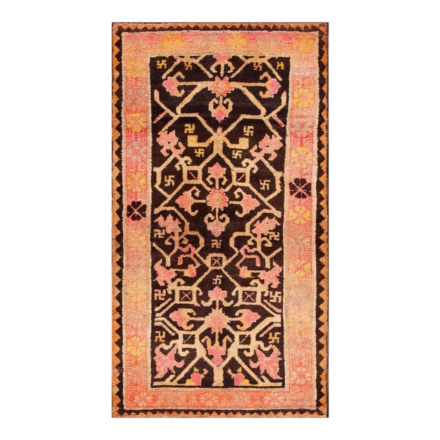 1900s Brown Medallion Antique Indian Rug 2'8" X 4'10" Handknotted Wool Carpet For Sale