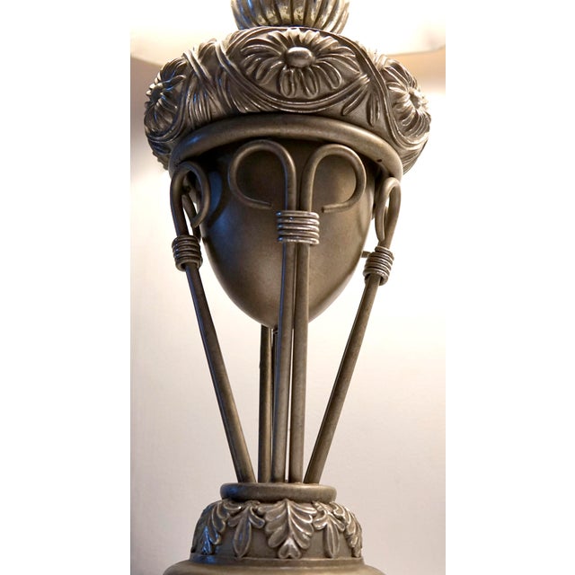 French Late 20th Century Neoclassical Silver Tone Gilt Wood Lamps With Lamp Shades - a Pair For Sale - Image 3 of 13