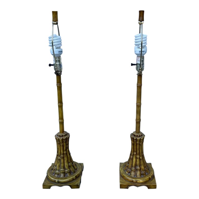 Vintage Regency Chinoiserie Faux Bamboo Metal Table Lamps For Sale