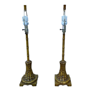 Vintage Regency Chinoiserie Faux Bamboo Metal Table Lamps