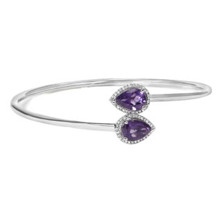 .925 Sterling Silver 8 x 5.5mm Pear Shape Amethyst and Diamond Accent Halo Bypass Bangle Bracelet (H-I Color, SI1-SI2 Clarity) - Fits up to 7" For Sale