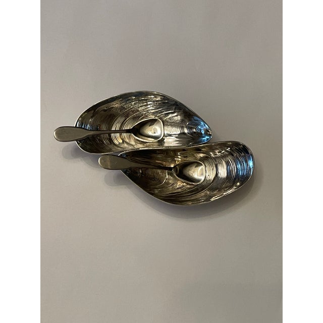Coastal Vintage Silver Mussel Salt and Pepper Holder With Spoons - 3 PCS For Sale - Image 3 of 11