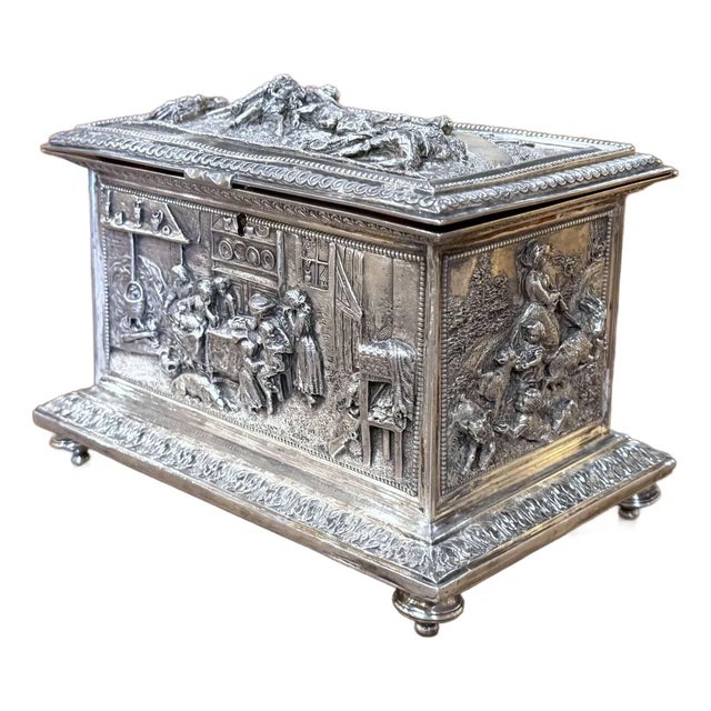 19th Century French Silvered Repoussé Jewelry Casket With Figural Scenes For Sale