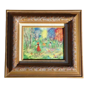 Vintage Enamel on Copper Painting Framed Art Signed Greene "Sunday in the Park"