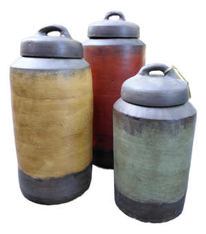 Set of Three Rustic Handcrafted Lidded Stoneware Storage Jars