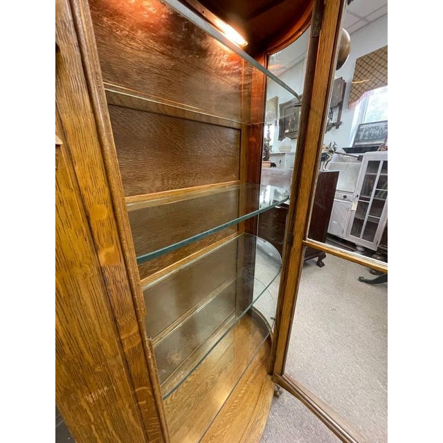 Antique Tiger Oak, Lighted Curio Cabinet, Four Glass Shelves, Hand Carved, Glass Door For Sale - Image 9 of 13
