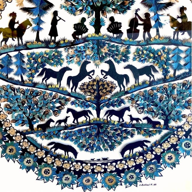 1990s Scherenschnitte Artwork a Colorful Paper Cutting With Horses and Children by Elisabeth Bottesi-Fischer For Sale - Image 4 of 10